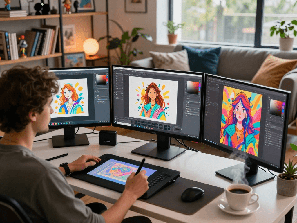 Creative workspace for nsfw ai art generation with vibrant digital screens and artist tools.