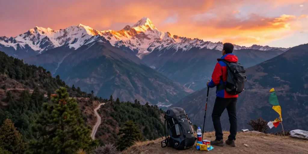 Vista del Manaslu Circuit Trek con viajero admirando las montañas y el amanecer.