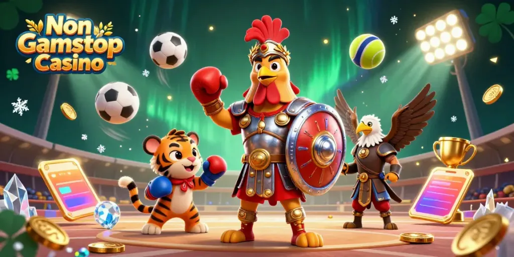 Engage with Non Gamstop Casino through an exciting 3D illustration featuring thrilling characters and vibrant game elements.