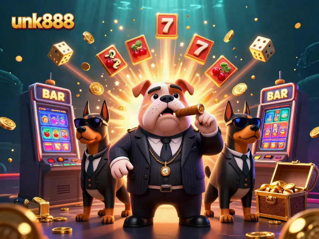 Engage with jackpots at unk888, featuring cartoon mafia characters amidst casino excitement.