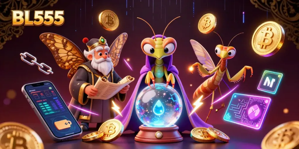 Engage with BL555's vibrant casino scene featuring cartoon characters and glowing cryptocurrencies.