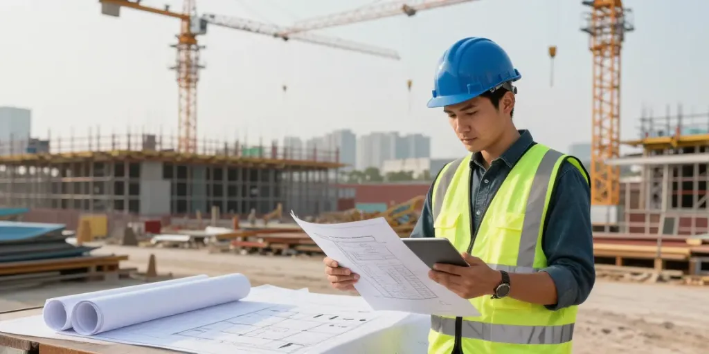 Quantity surveyor reviewing project plans on a busy construction site.