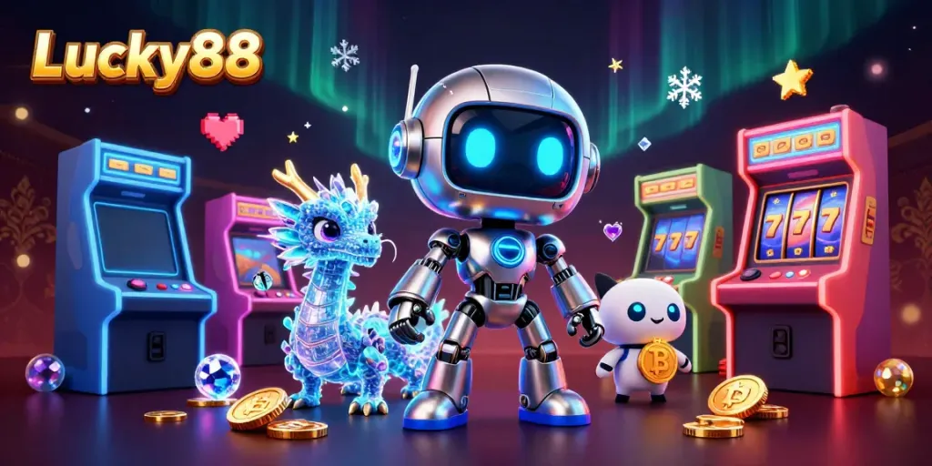 Experience the thrill of gaming and betting at Lucky88 with a cyberpunk robot mascot and vibrant casino elements.