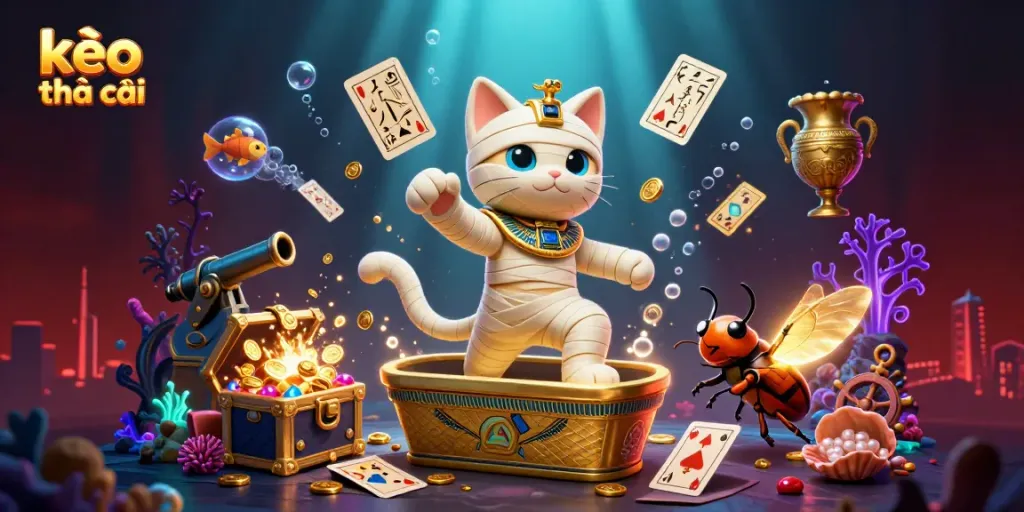 Engage with kèo nhà cái through this dynamic illustration showcasing a mummy cat and a scarab beetle in an energetic casino scene.