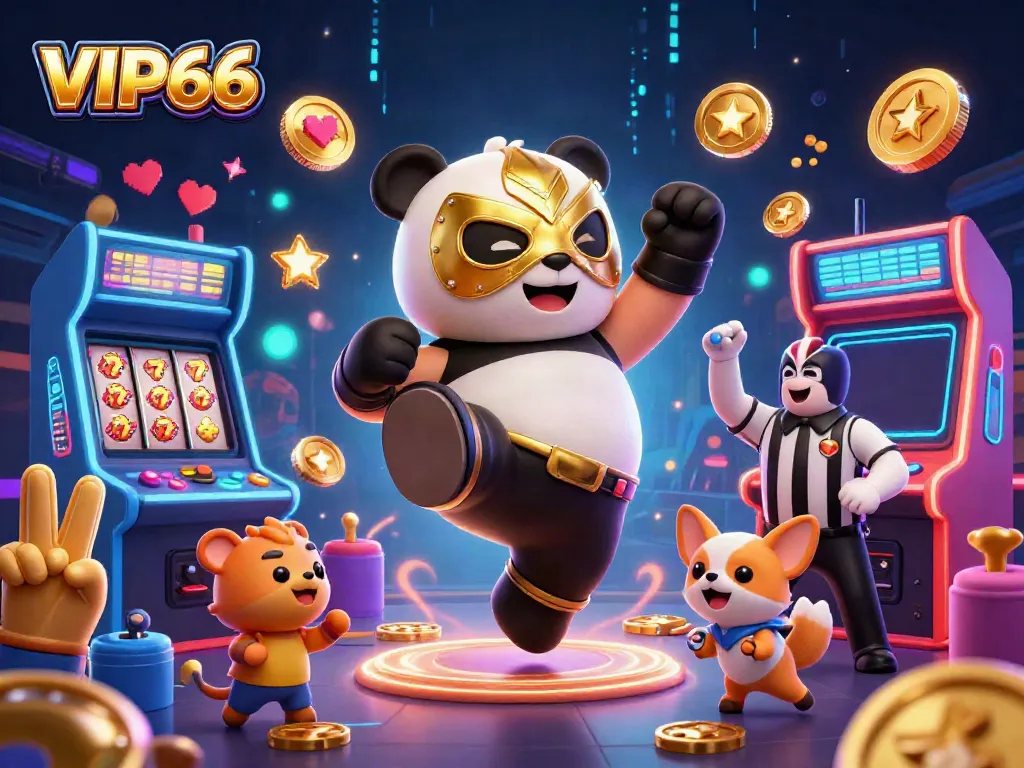 Enjoy thrilling action at VIP66 with a 3D panda wrestler kicking while surrounded by lively casino elements.