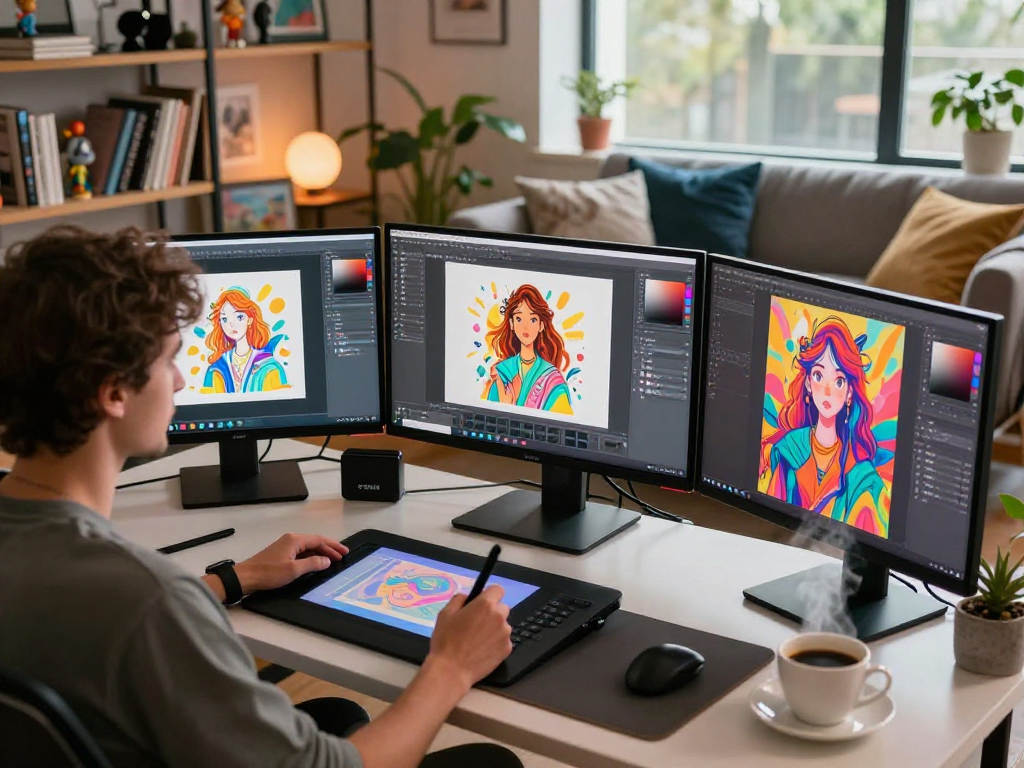 Creative workspace for nsfw ai art generation with vibrant digital screens and artist tools.