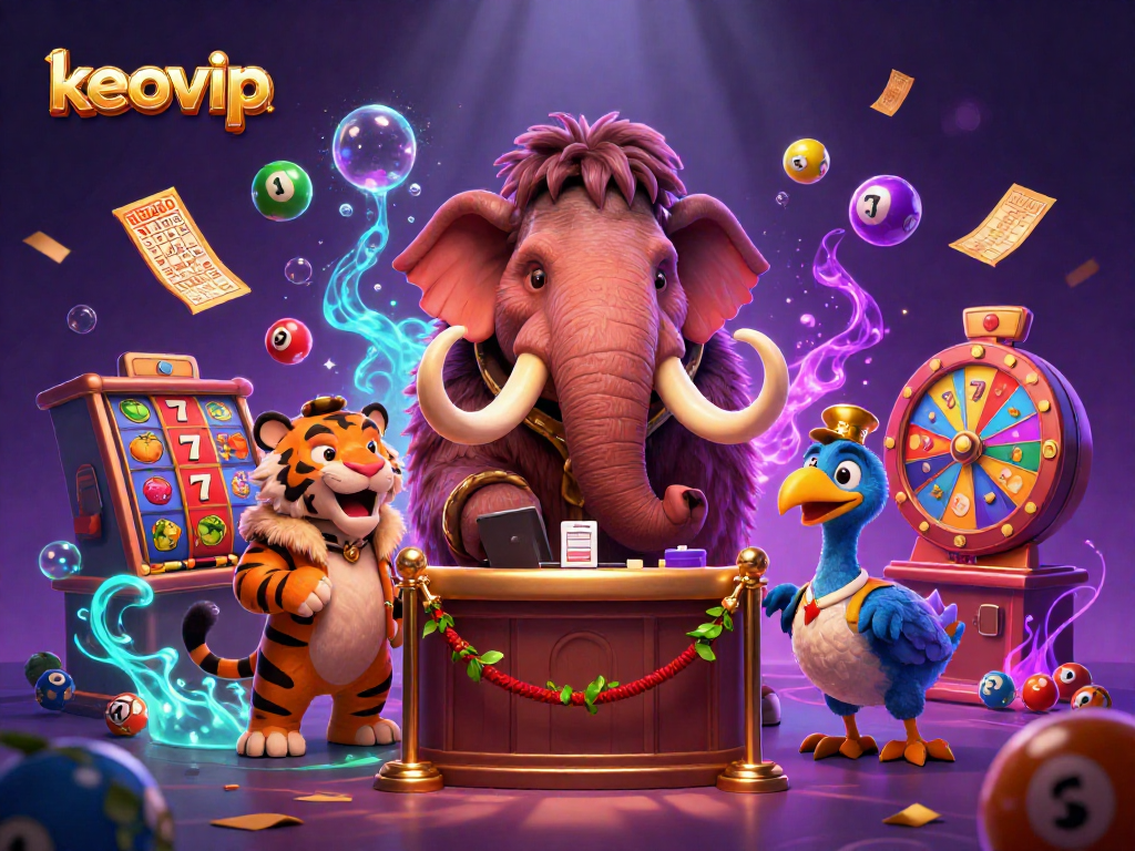 Experience keovip's vibrant casino scene featuring a mammoth bouncer, saber-tooth VIP, and animated slot symbols.