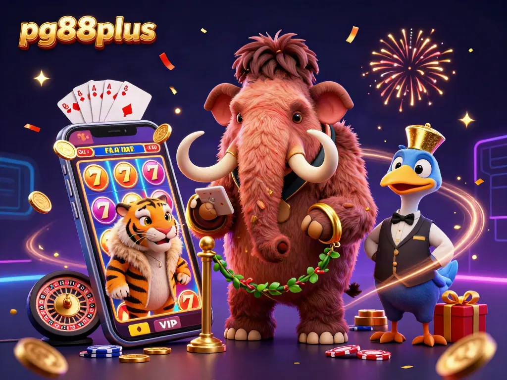 Engage with pg88plus's vibrant casino atmosphere featuring a woolly mammoth bouncer and energetic game elements.