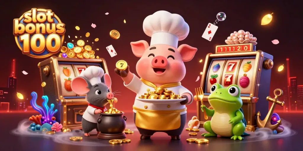 Experience thrilling wins with slot bonus 100 amidst vibrant casino characters and elements.