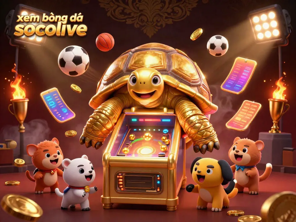 Experience xem bóng đá socolive with a colorful, energetic scene featuring a golden tortoise pinball machine and sports action elements.