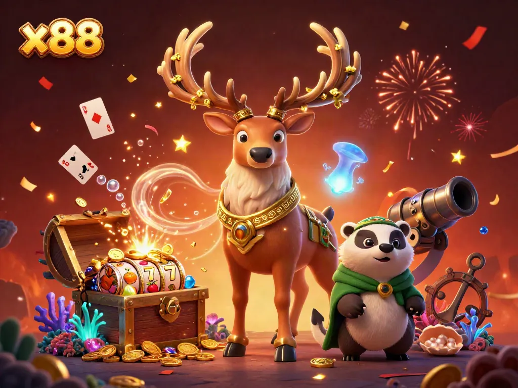 Experience the magic of x88 with a vibrant illustration featuring a druid stag and casino treasures.