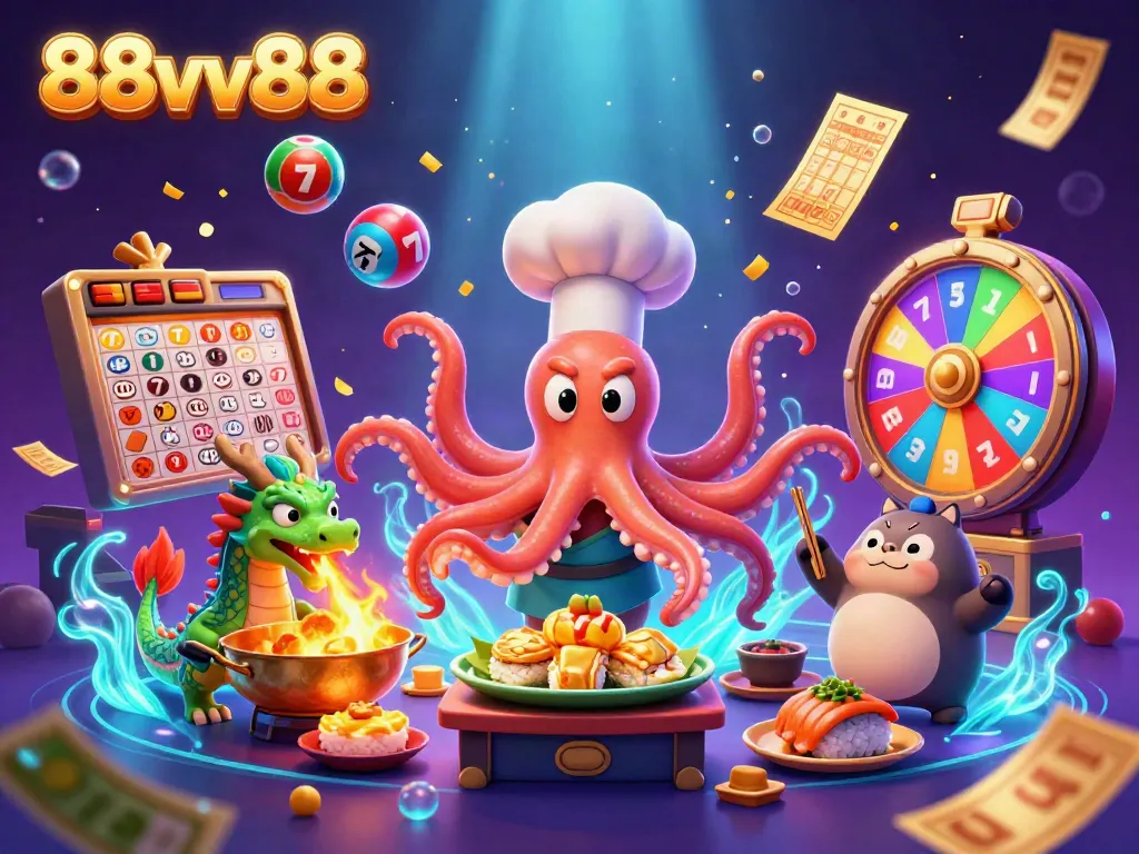 Experience the excitement of 88vv88 with a colorful casino scene featuring an octopus chef, dragon, and rich game elements.