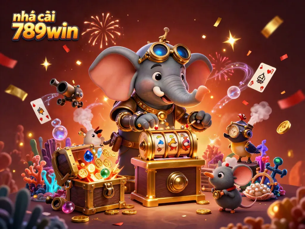 Join the fun at nhà cái 789win with this vibrant scene of steampunk characters winning at slots.