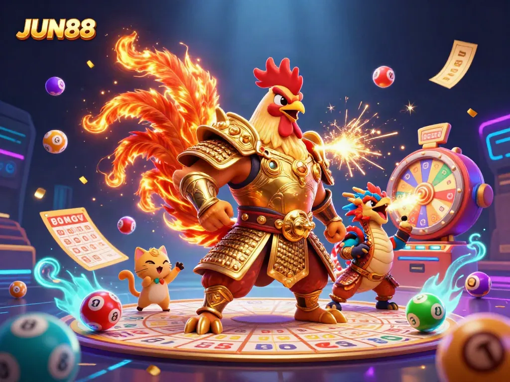 Engage with JUN88's thrilling gaming experience featuring dynamic characters and vibrant casino elements.