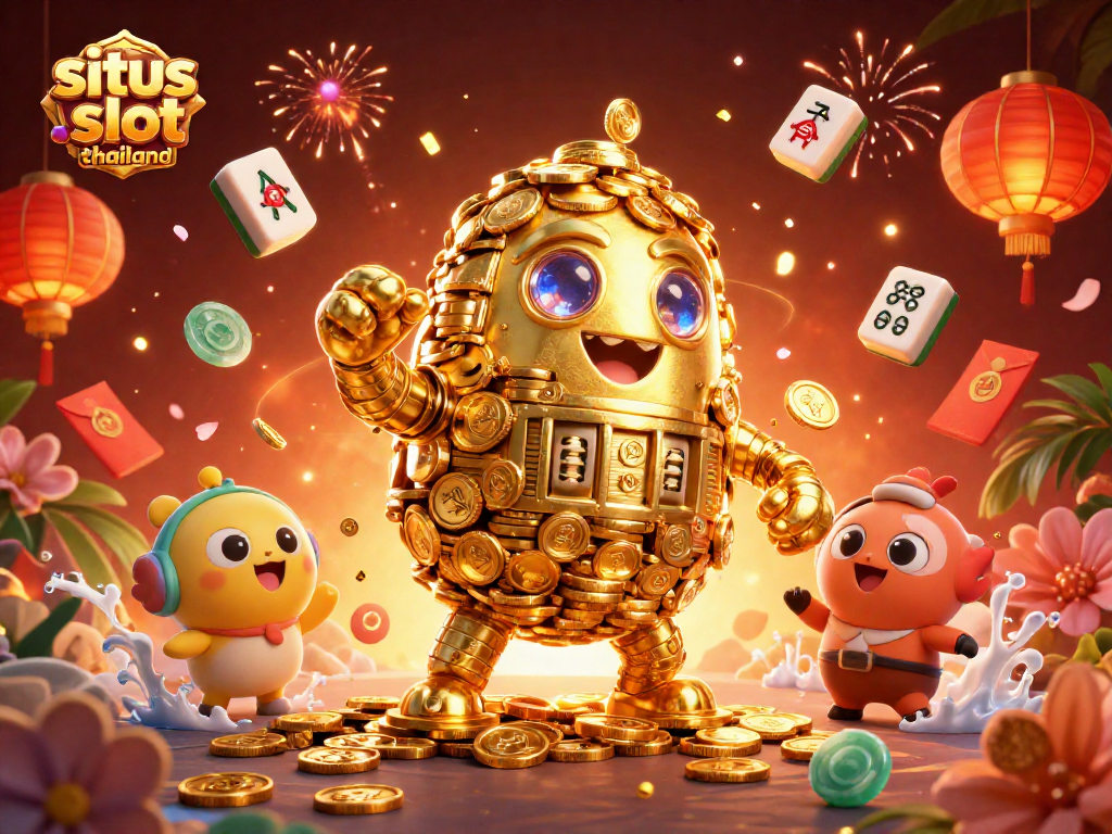 Experience exciting gameplay at situs slot thailand with vibrant visuals of a golden golem among dynamic gaming elements.