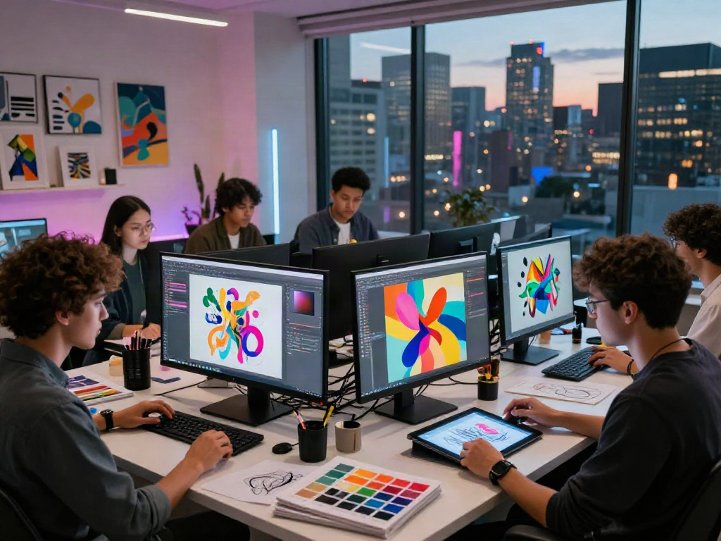Creative team designing NSFW AI content in urban art studio.