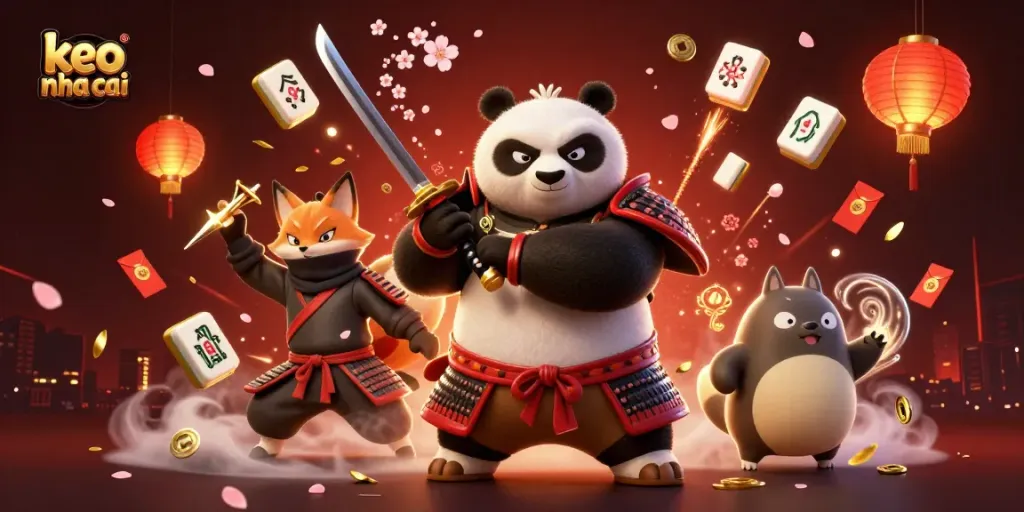Bet with confidence using keo nha cai while enjoying an action-packed scene of samurai panda and ninja fox.