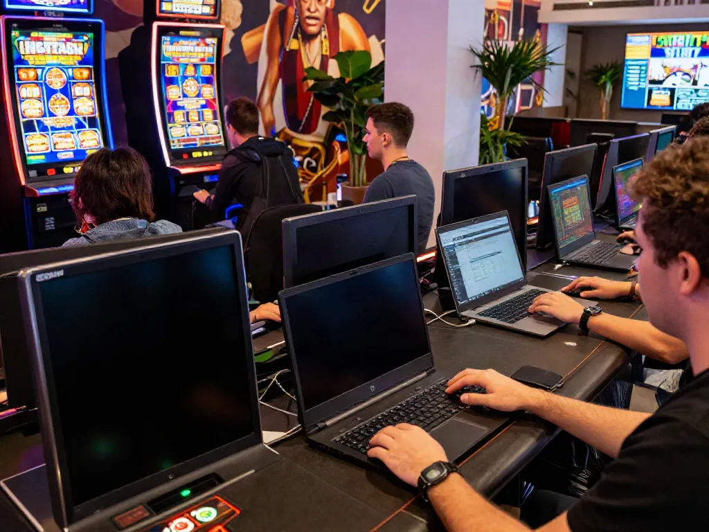 Players actively engaging with non GamStop casinos on tablets and laptops in a vibrant gaming environment.