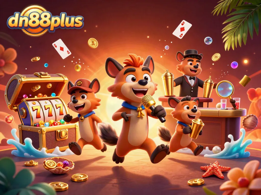 Engage with dn88plus: 3D hyena characters in a vibrant comedy casino scene full of treasures and gaming elements.