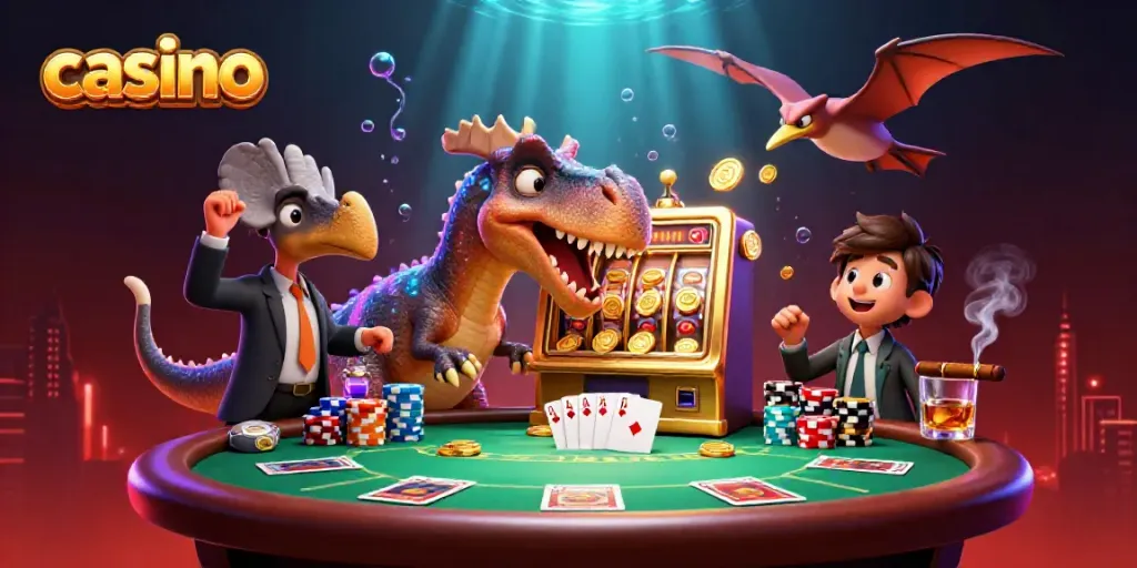 Casino scene with a dinosaur hitting a slot machine, coins flying everywhere.