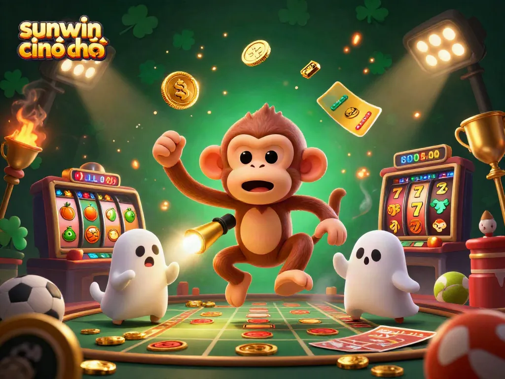 Experience the thrilling sunwin chính chủ gameplay with an enchanting scene of a playful ghost and a puppy chasing golden rewards.