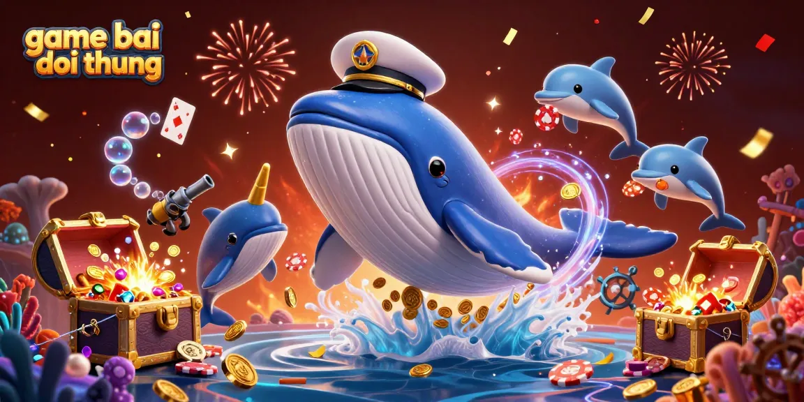 Engage with game bai doi thuong featuring cartoon whale, narwhal, and dolphins amidst treasure and playing cards.