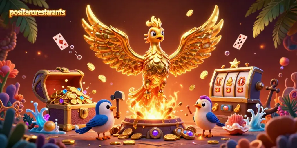 Experience excitement at positanorestaurants with vibrant golden gaming visuals and lively casino elements.