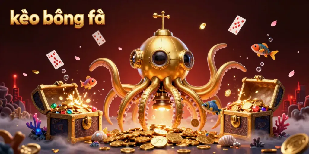 Engage with kèo bóng đá in an ultra-detailed 3D scene featuring a golden kraken submarine and treasures.