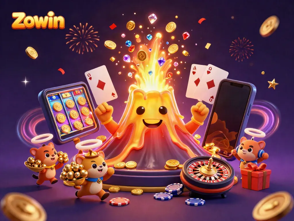 Win big at Zowin with stunning treasures erupting from a majestic volcano amidst a vibrant gaming scene.
