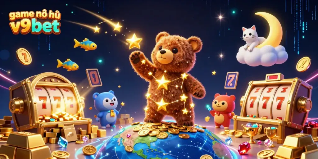 Experience the excitement of game nổ hũ v9bet with stars, treasures, and animated casino elements.