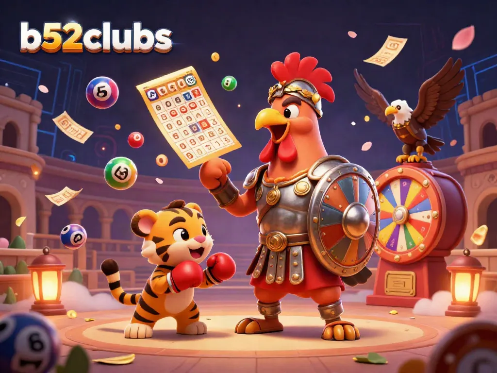 Experience exciting gaming action with b52clubs, featuring a vibrant 3D scene of a gladiator rooster and dynamic casino elements.