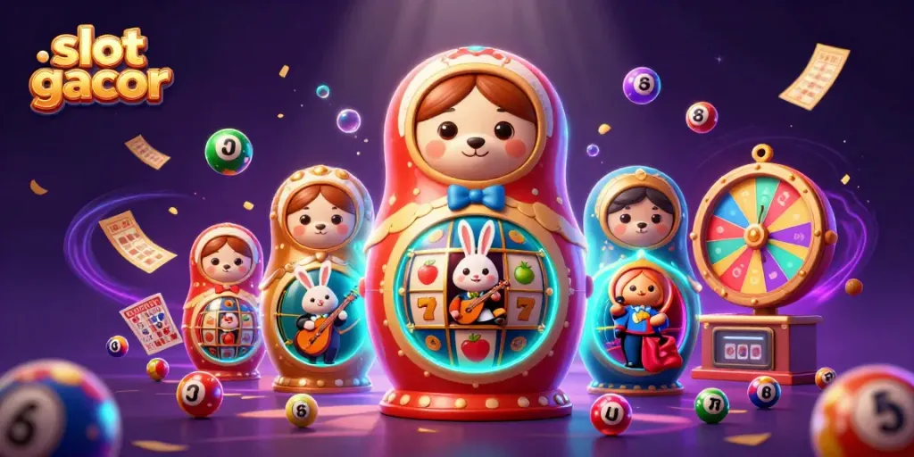 Gambarkan aksi pembukaan slot gacor dengan karakter beruang Matryoshka di kasino yang meriah dan berwarna-warni.