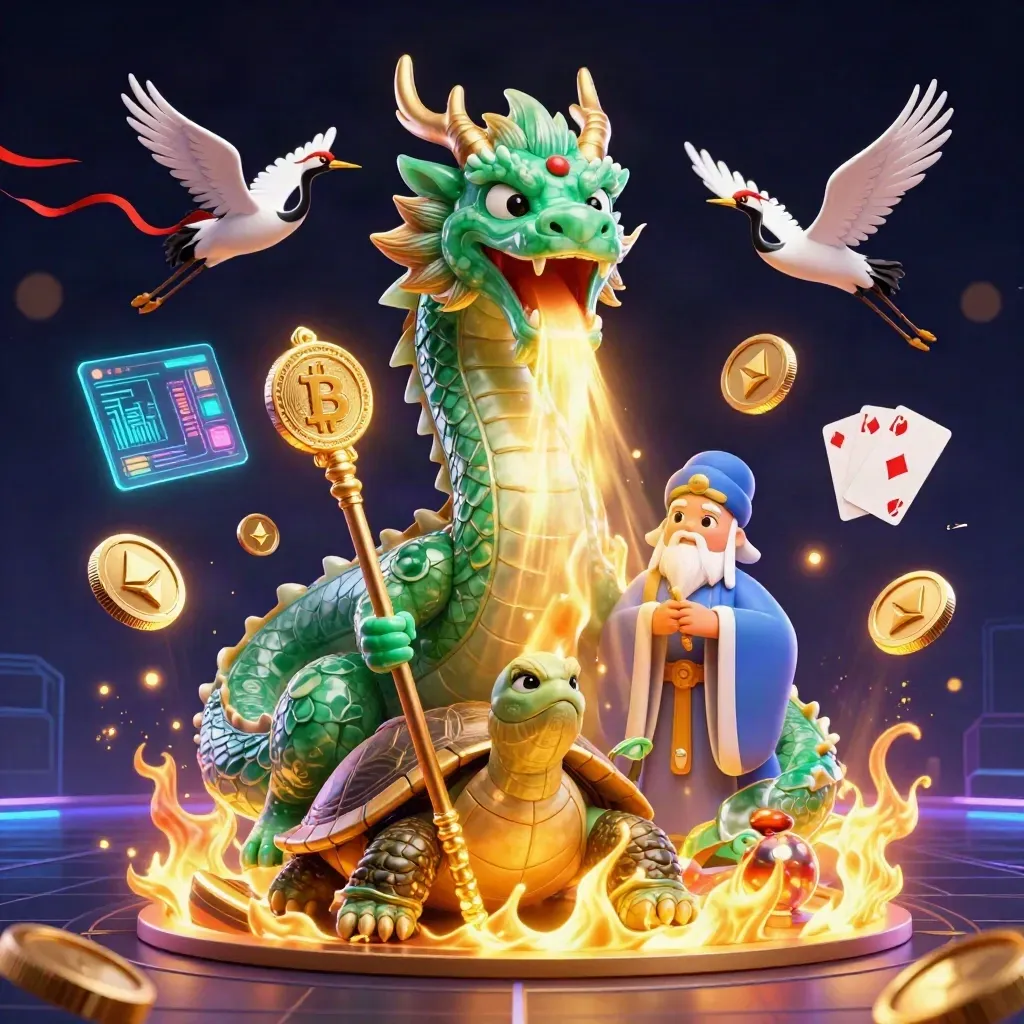 Emerald dragon, turtle sage and cranes amid gold fire, crypto coins and casino magic.