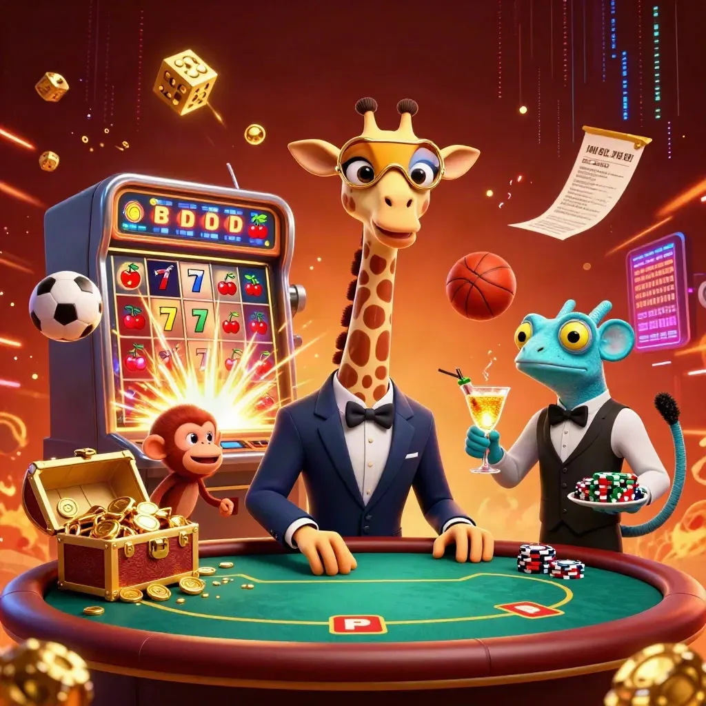 Cartoon giraffe, monkey, and chameleon amid exploding casino-sport jackpots and glowing balls