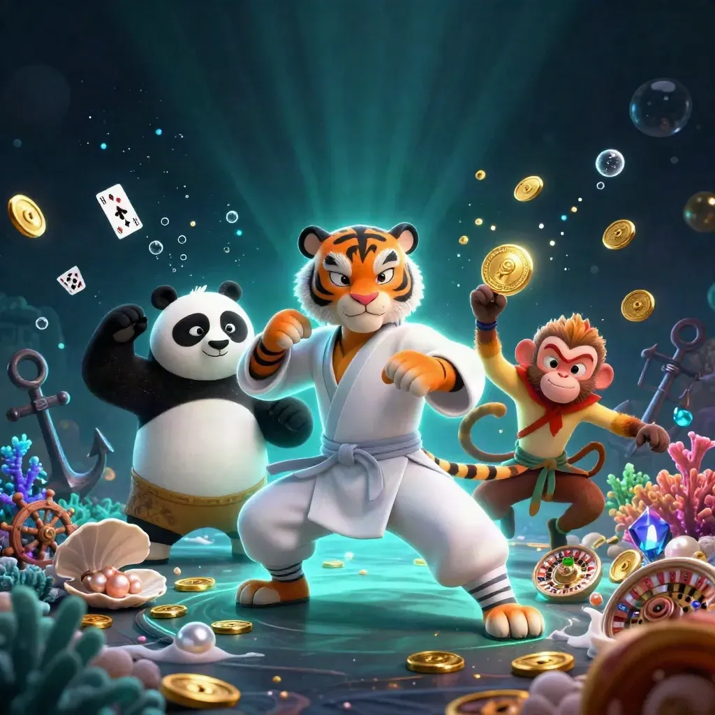 Kung-fu tiger, panda and monkey amid a glowing treasure cove of coins and cards.
