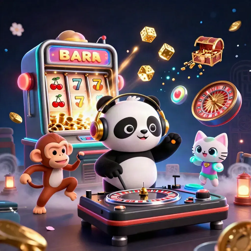 DJ panda, monkey, and glow-kitten amid casino jackpots, runes, and luxury lighting