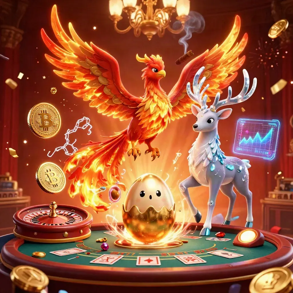 Phoenix, stag and baby phoenix amid casino glow, coins, roulette wheel, chandelier