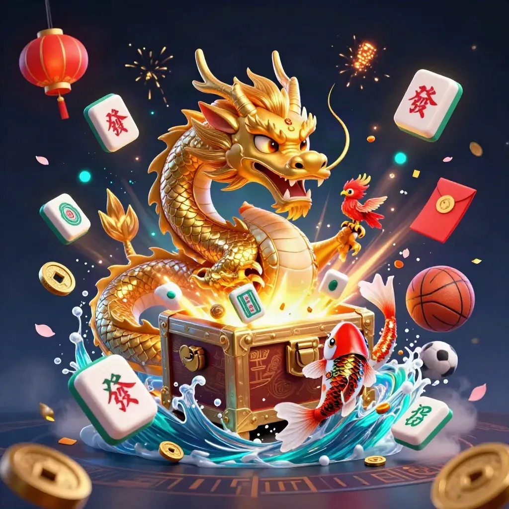 Golden dragon, phoenix and koi burst through casino props in a navy-and-gold fantasy scene.