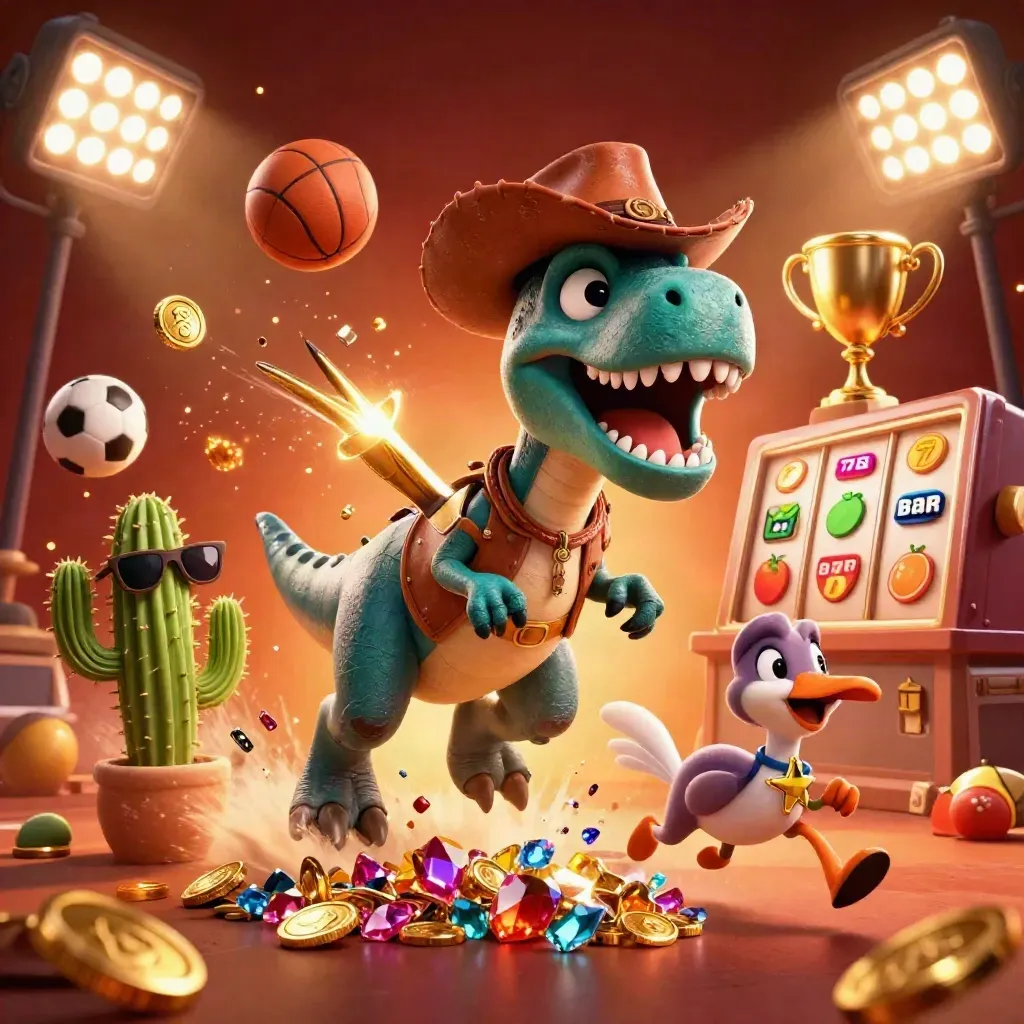 Cowboy T-Rex, cactus, and roadrunner burst with coins, gems, and casino sports icons.