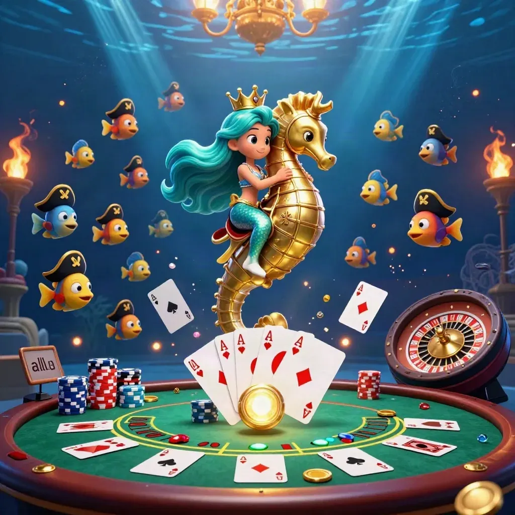 Mermaid princess rides an armored seahorse amid casino cards, chips, and a teal underwater glow.
