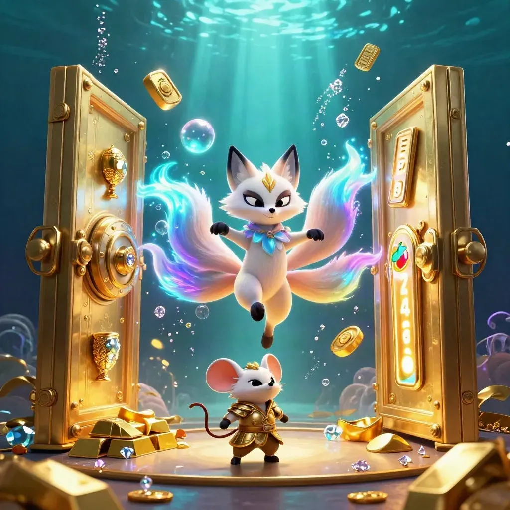 Nine-tailed fox spirit and armoured mouse amid bursting vault loot in glowing underwater casino art.