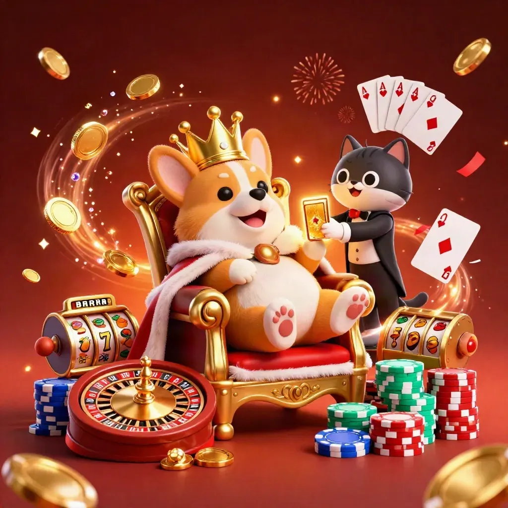 Royal corgi and cat butler amid casino chips, coins, gems, and spinning roulette in fiery glow.