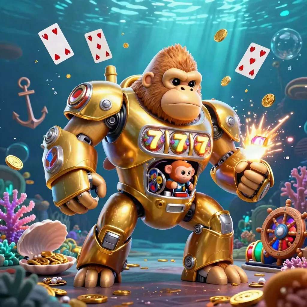 Golden gorilla mech with tiny monkey pilot, underwater treasure cove, coins, coral and cards exploding
