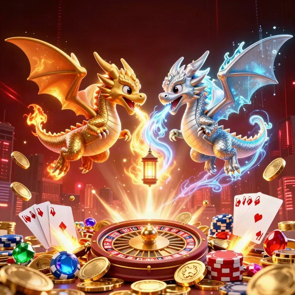 Twin gold and silver dragons swirl around a lantern spirit amid coins, cards, chips and neon light.