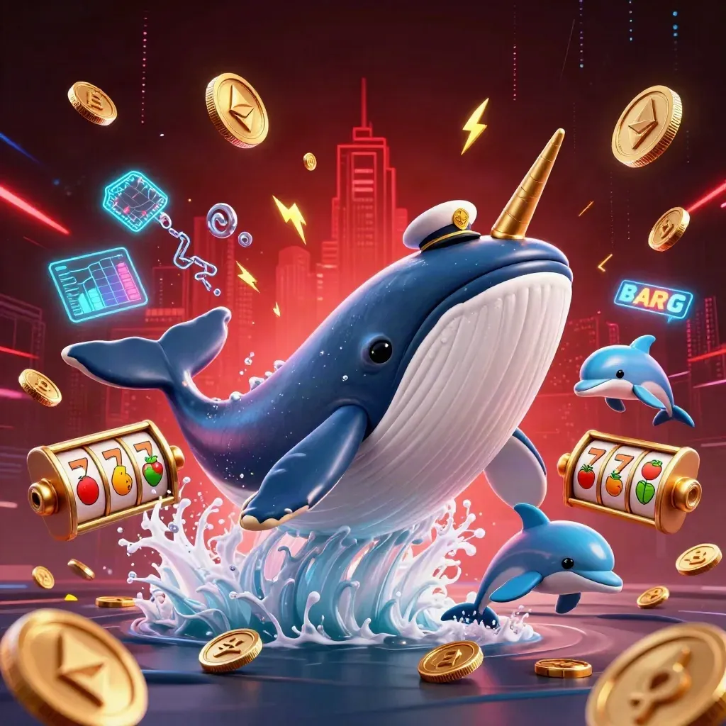 Captain whale, narwhal, and dolphins burst through coins with glowing crypto symbols and casino effects.