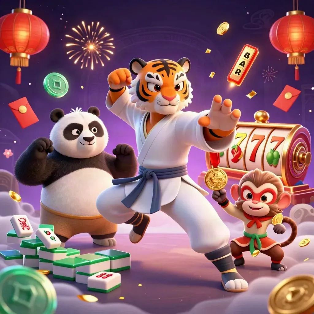 Tiger, panda, and monkey in a glowing casino kung-fu splash scene with gold coins and lanterns