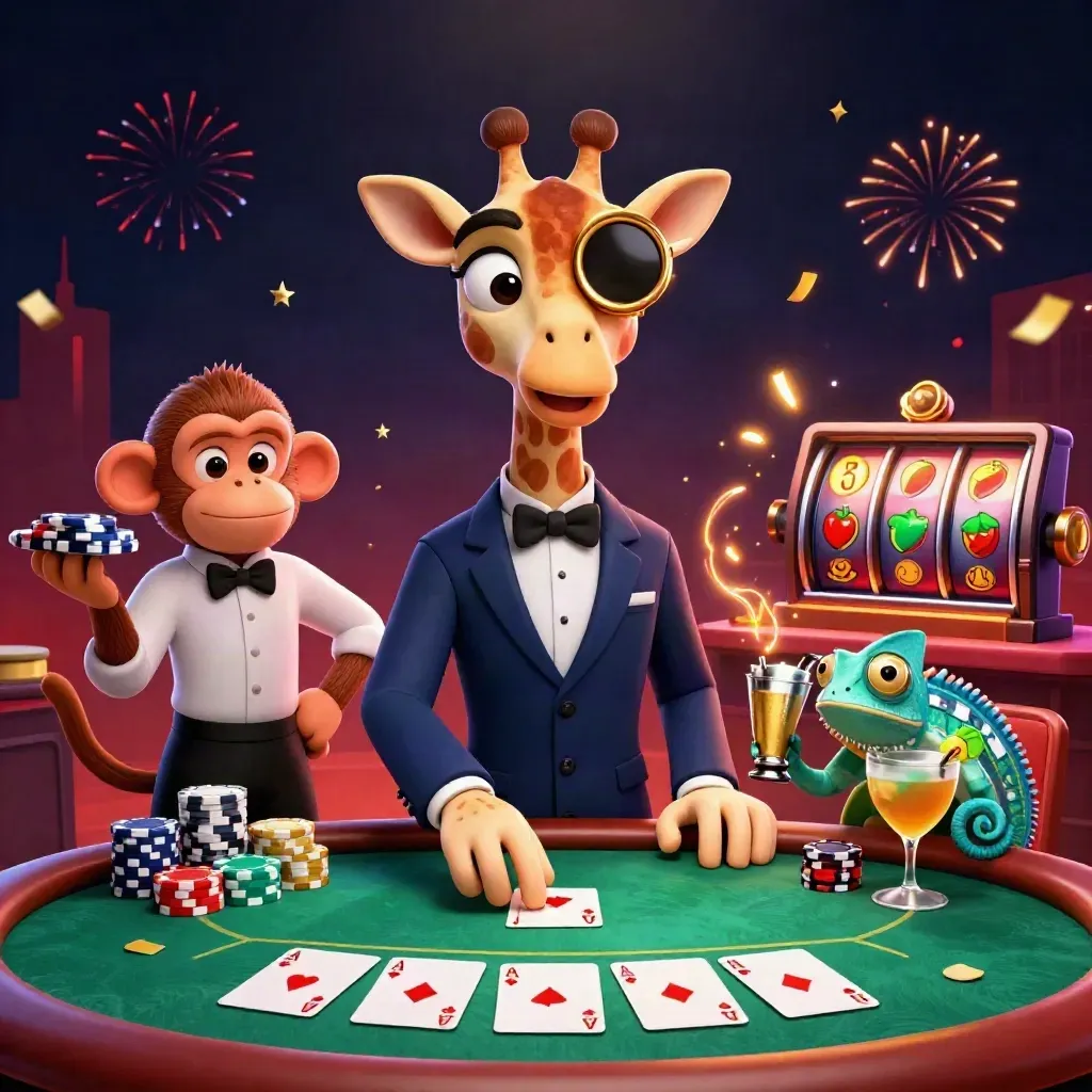 Giraffe, monkey valet, and chameleon bartender in a luxe casino splash with chips and aces.