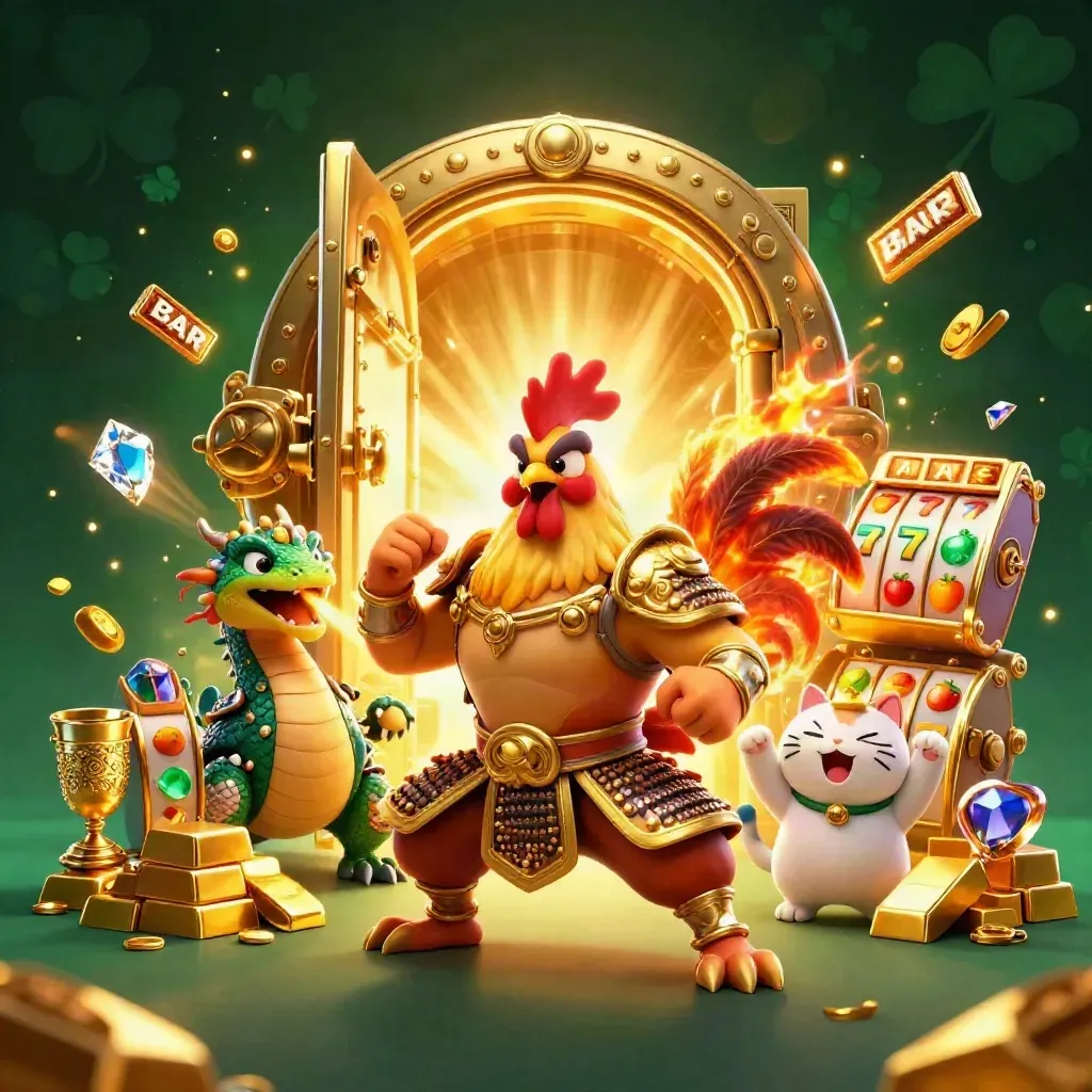 Rooster samurai, spark-breathing dragon hatchling and fortune cat by a gold vault with casino reels