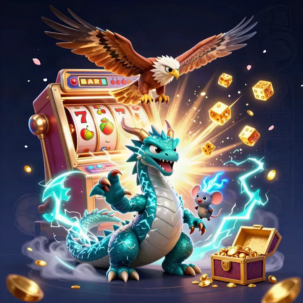 Thunder dragon, wind hawk, and thunder-mouse with slot machine, gold, and lightning