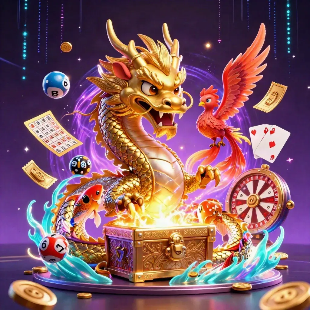 Golden dragon, red phoenix and koi amid glowing casino treasures and neon effects